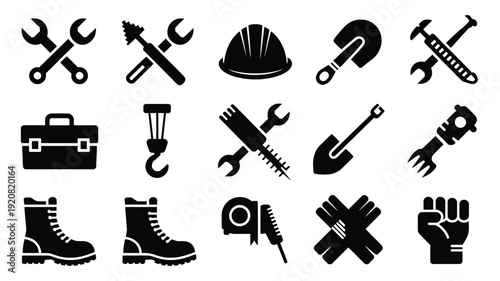 Collection of black silhouette icons depicting various labor day worker tools and equipment on white background