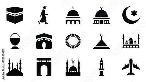 Black silhouette icons of islamic architecture and symbols for hajj and umrah pilgrimages on white background