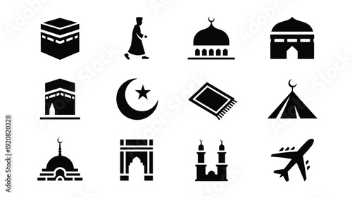 Hajj and umrah symbols islamic pilgrimage icons flat black silhouette set religious travel cultural and spiritual journey travel faith spirituality muslim pilgrimage mecca kaaba mosque