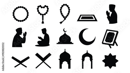 Islamic prayer beads and mosque silhouettes with crescent moon and star symbols on white background