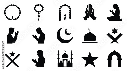 Collection of black silhouette icons representing various religious symbols prayer and spirituality on a white background including rosaries praying figures and crescent moons