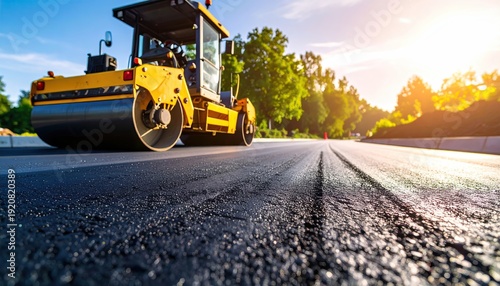 Large road roller compacting freshly laid black asphalt on a new road construction site. Heavy machinery works on infrastructure development under a bright sky.