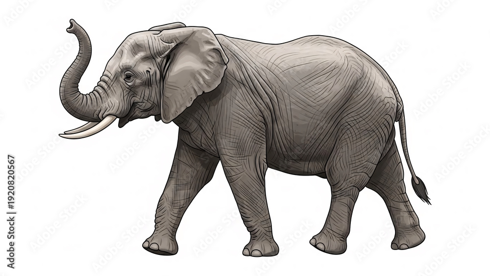 Obraz premium Gray Elephant Statue Walking Isolated White.