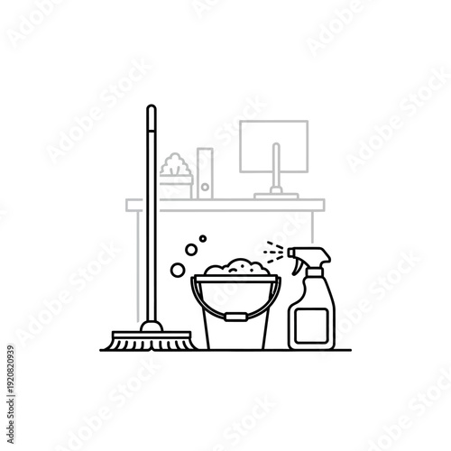 Cleaning Supplies and Housekeeping Tools in a Minimalist Workspace Scene