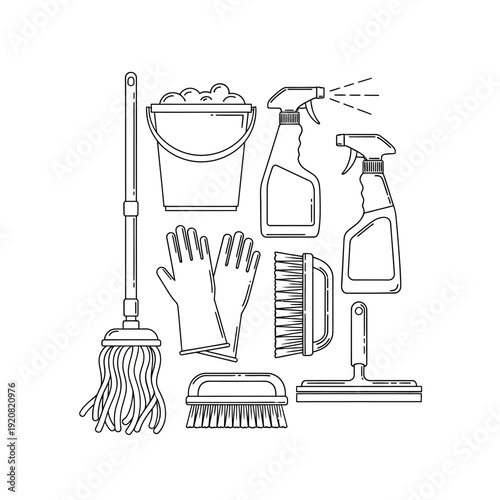 Cleaning Supplies Collection with Mop, Spray Bottles, Brush and Gloves for Housekeeping
