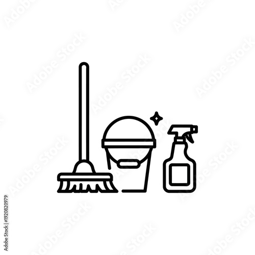 Cleaning Supplies Icon Featuring Mop Bucket Spray Bottle and Broom Illustration