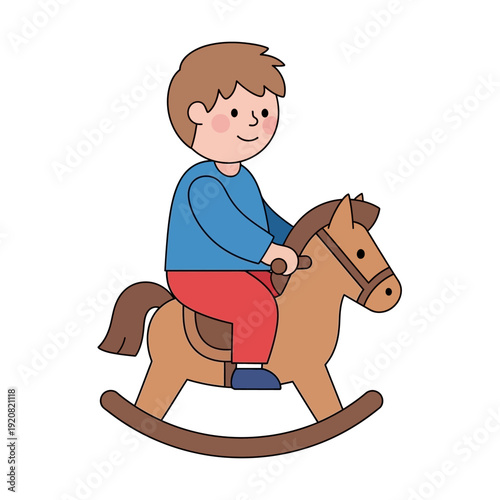 A young boy happily riding a wooden rocking horse with a big smile.
