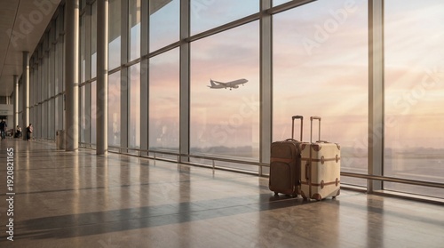 Luggage at modern airport terminal during sunset with plane taking off