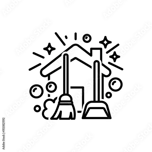 Cleaning Tools Icon with Broom and Dustpan for Household Maintenance