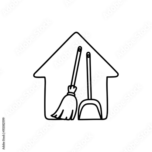 Cleaning Tools Icon with Dustpan and Broom Inside House Outline