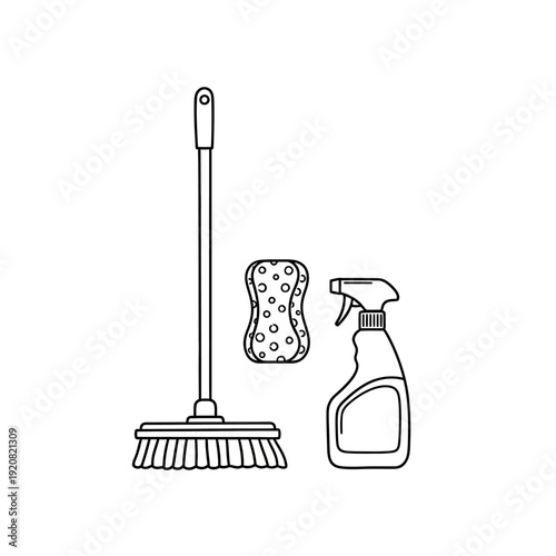 Cleaning Supplies Arrangement with Broom Sponge and Spray Bottle for Janitorial Tasks