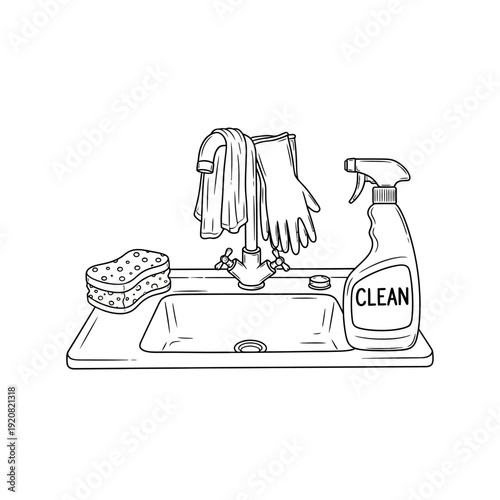 Cleaning Supplies at Kitchen Sink with Sponge and Spray Bottle for Dishwashing and Maintenance
