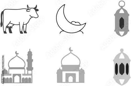 Eid Al-Adha and Ramadan Islamic symbols, including a cow, crescent moon, mosque, and lantern illustrations, perfect for cultural and religious themes