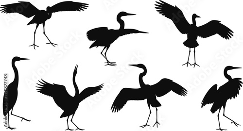 Collection of heron and crane silhouettes isolated on white background, black wading bird vector illustrations in standing and flying poses