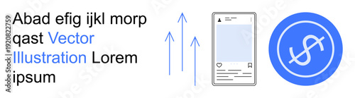 Financial technology, digital payments, mobile banking, transactions, online shopping, economic growth. Smartphone with upward arrows and dollar symbol. Financial technology and digital payments