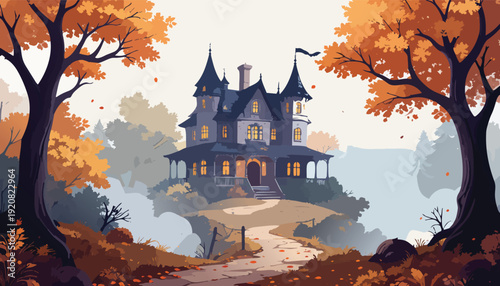 Charming old Victorian house on hill surrounded by autumn trees and a winding path