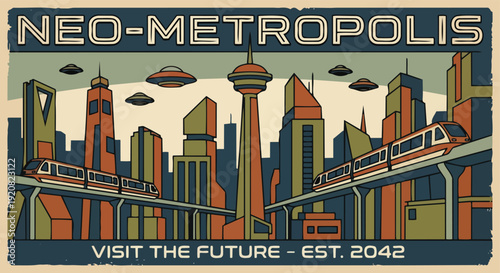 Neo metropolis travel poster featuring monorails and flying ships in retro futuristic art style