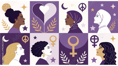 Diverse women profile portraits in a purple grid with feminist symbols and gold accents - International Women's Day