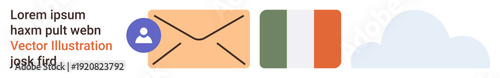 Communication, email services, identity, global connectivity, data storage, and cultural . Envelope icon with user profile, Irish flag and cloud shape. Communication and email concept