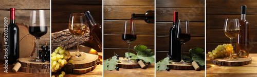 Red and white wine. Collage with bottles and glasses