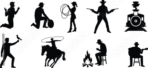 Wild West cowboy silhouette collection with rodeo rider, gunslinger, train, campfire and guitar player isolated on white background vector set