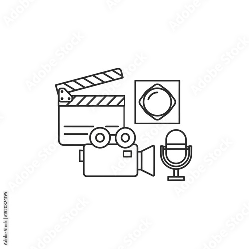 Creative Media Production Equipment with Camera Microphone and Film Clapperboard