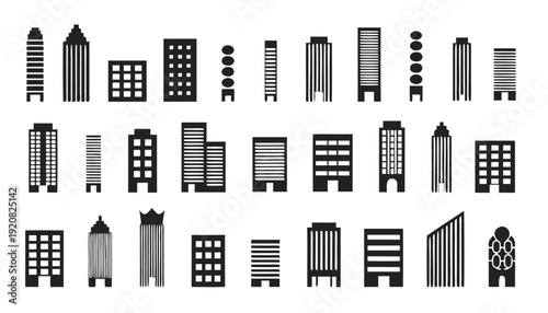 Modern City Buildings Vector Icon Set – Black and White Skyscraper Silhouettes Collection