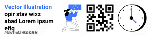Technology, coding education, time management, digital tools, QR scanning, software development. A developer writing code, QR code and clock icon . QR scanning and coding education