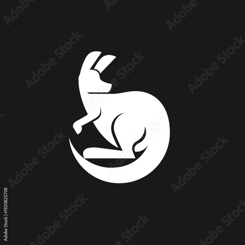 Stylized White Kangaroo Logo Design Curled in a Circular Abstract Form on Black Background