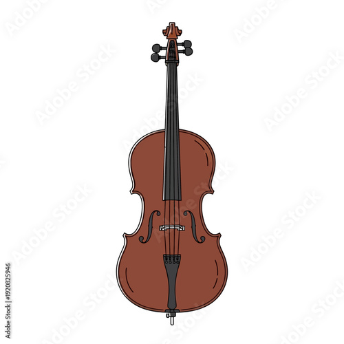 Illustration of a brown violin with black strings and tuning pegs.