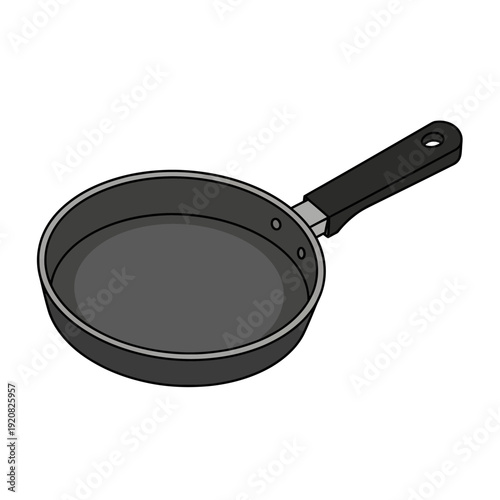 Black non-stick frying pan with handle on white background.