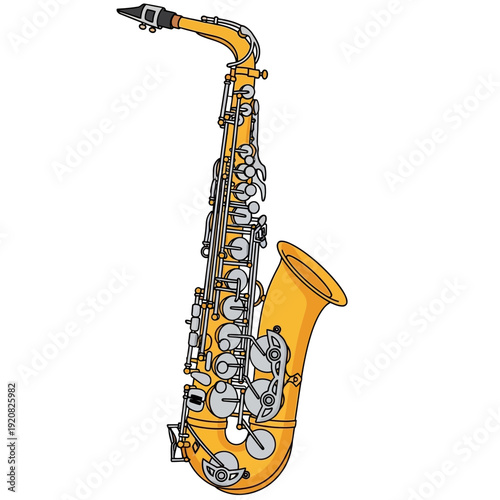Illustration of a yellow saxophone with detailed keys and mouthpiece.