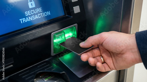 Person using credit card for secure transaction at ATM machine outdoors