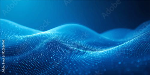 Particle illuminated blue wave landscape with glowing dots and smooth gradient background, abstract technology visualization design.