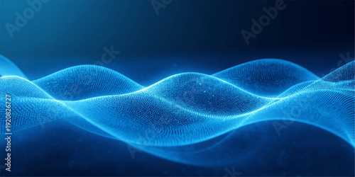 Smooth glowing blue wave curves with particle texture on dark backdrop, abstract motion background for innovation and tech branding.