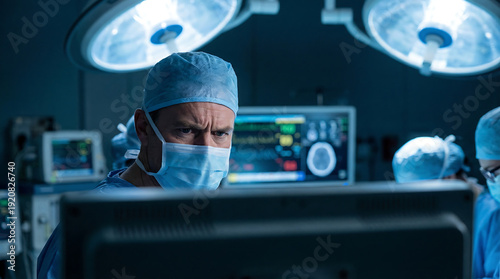 Surgeons in blue scrubs performing operation under bright surgical lights in hospital environment