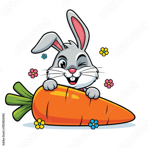 A cheerful cartoon rabbit happily holding a large orange carrot surrounded by colorful flowers on a white background with a cute and playful mood.