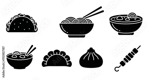 A set of black silhouettes depicting various food icons, including tacos, noodles, dumplings, and skewers, in a flat design style against a clean white background.
