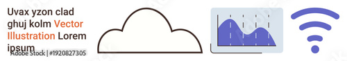 Data management, wireless technology, cloud computing, analytics, internet access, connectivity. A cloud shape, graph and wireless icon. Data management and wireless technology concept