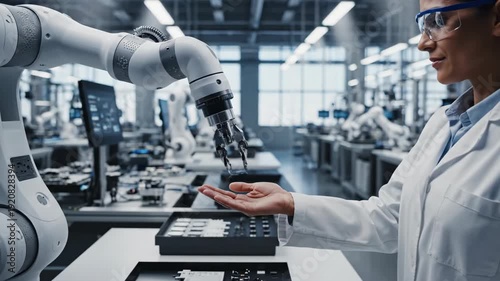 Collaborative Robot Arm Handing Microchip to Human Engineer in Smart Factory Environment, Advanced Industry 4.0 Automation and Human Robot Collaboration Concept
