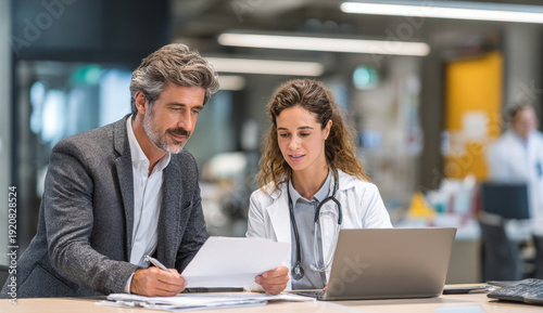 Wallpaper Mural Young doctor and middle-aged businessman collaborating over medical documents in a modern healthcare facility Torontodigital.ca