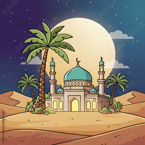 A cartoon illustration of a mosque with a teal dome and minarets, surrounded by palm trees and sand dunes under a large full moon at night.