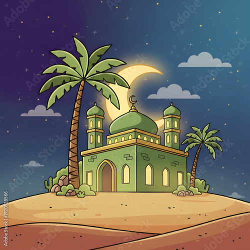 Cartoon illustration of a green mosque with minarets and palm trees under a crescent moon and starry night sky in a desert landscape.