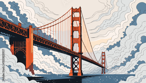 Golden gate bridge enveloped in fog, creating a dramatic frame. Perfect for travel, tourism, and iconic landmarks concepts.