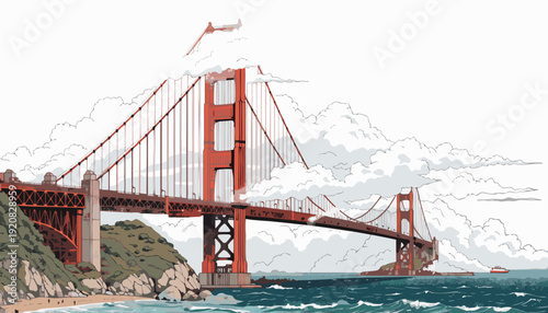 Golden gate bridge rises majestically on a beautiful cloudy day, perfect for travel brochures, architectural presentations, and tourism websites.