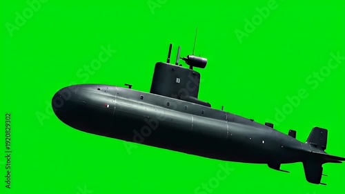 Modern Military Submarine Warship Isolated on Green Screen Background for Compositing or VFX