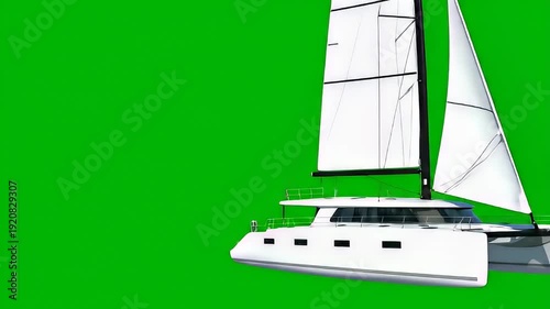 White Modern Catamaran Sailboat with Sails Isolated on Green Screen Background for Easy Compositing - 3D Rendering