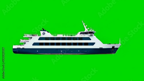 Blue and White Passenger Ferry or Yacht Bow on Green Screen Background for Easy Chroma Key Compositing