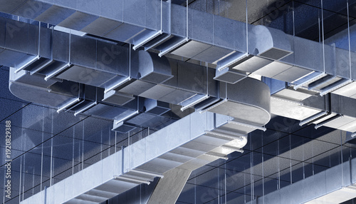Schilderij op canvas HVAC engineering, industrial ventilation ducts installed under ceiling for climate control in commercial building, air distribution system for heating, cooling and air circulation