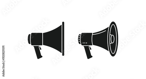 Two black megaphone outlines displayed side by side a striking silhouette